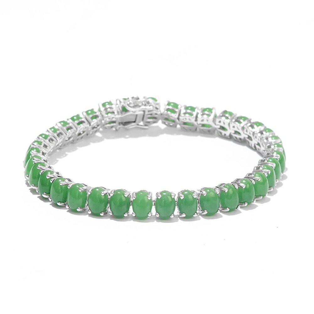 Green Jade Sterling Silver Bracelet Polished With Rhodium.